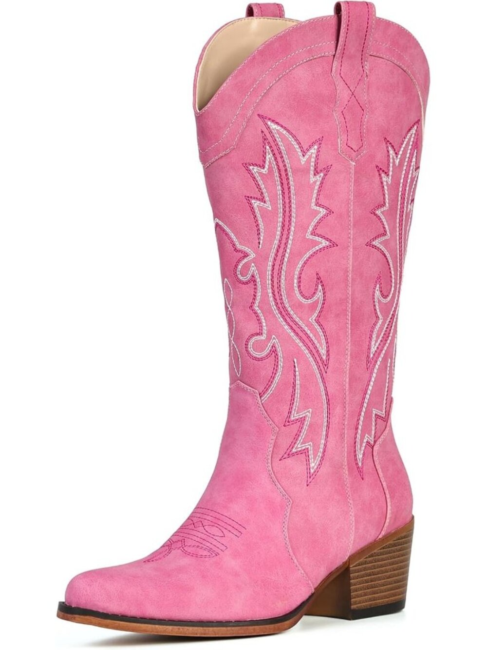 Women's Pink Mid Calf Snip Toe Western Cowgirl Faux Leather Heeled Boots - Picture 4 of 6
